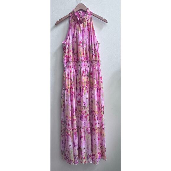 Taylor Chiffon Floral Print Pink Smocked Mock Neck Tiered Maxi Dress Size 10 - Picture 1 of 9